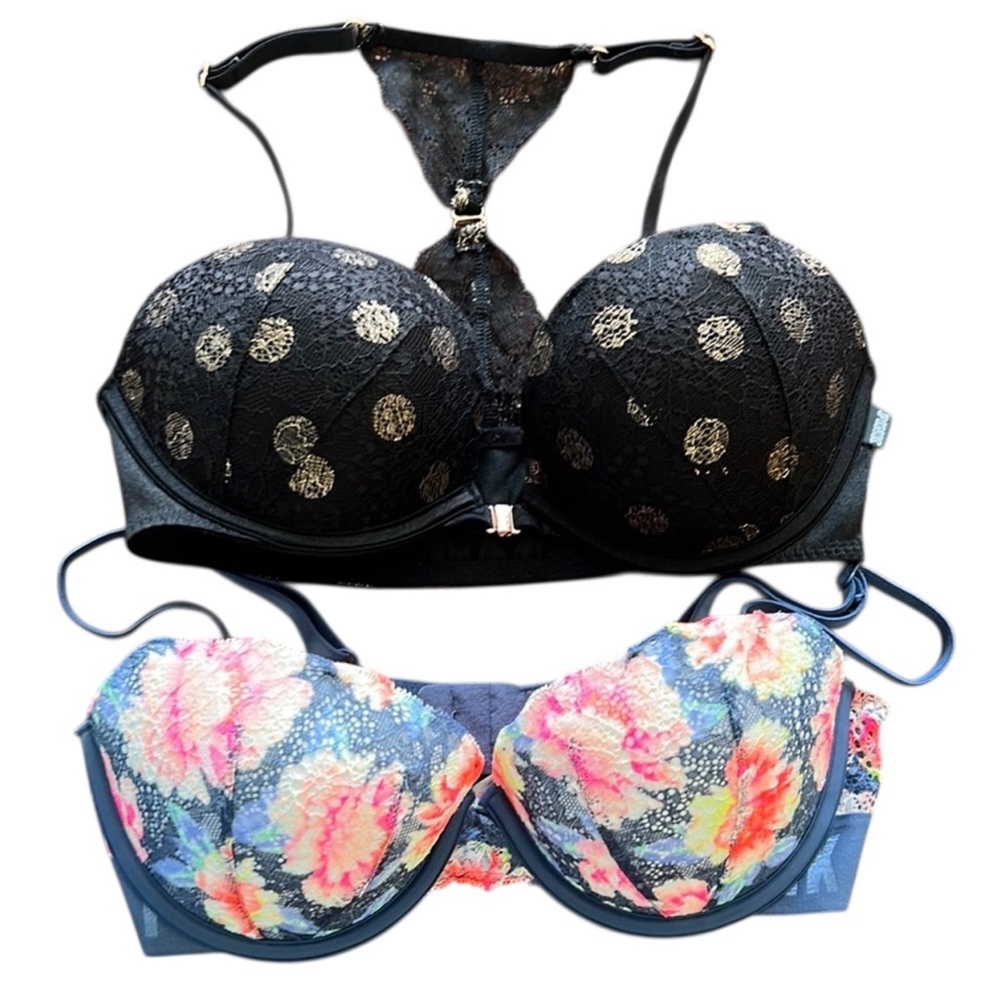 PINK Victoria’s Secret Floral & Black Date Push Up Lace T-Back Bra Size 32D